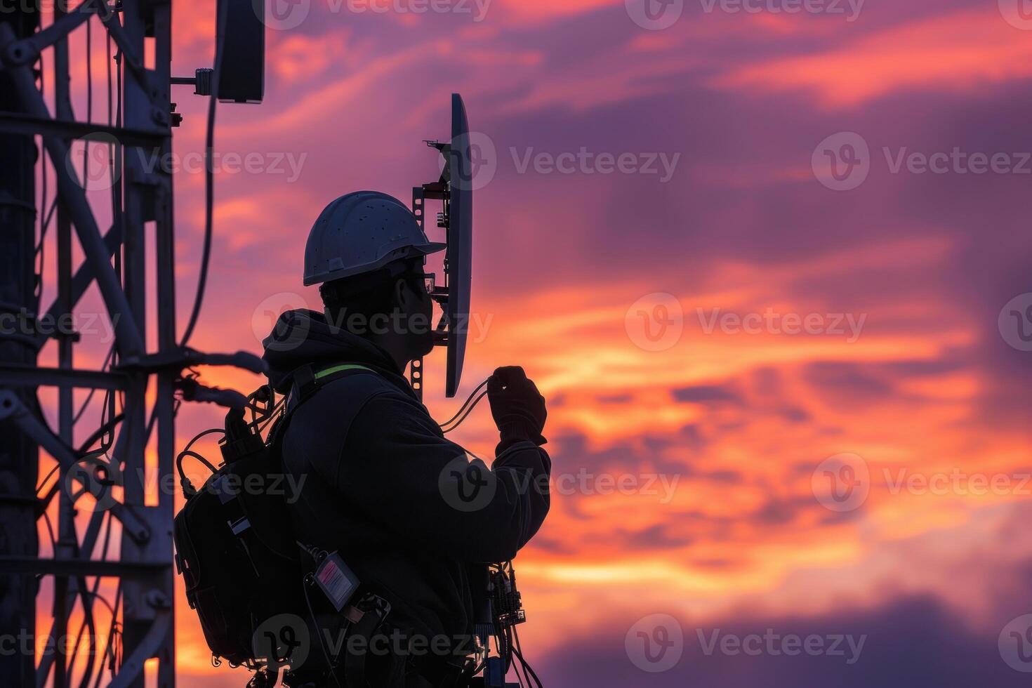 Telecommunications tower engineer installing and fixing equipment at sunset photo