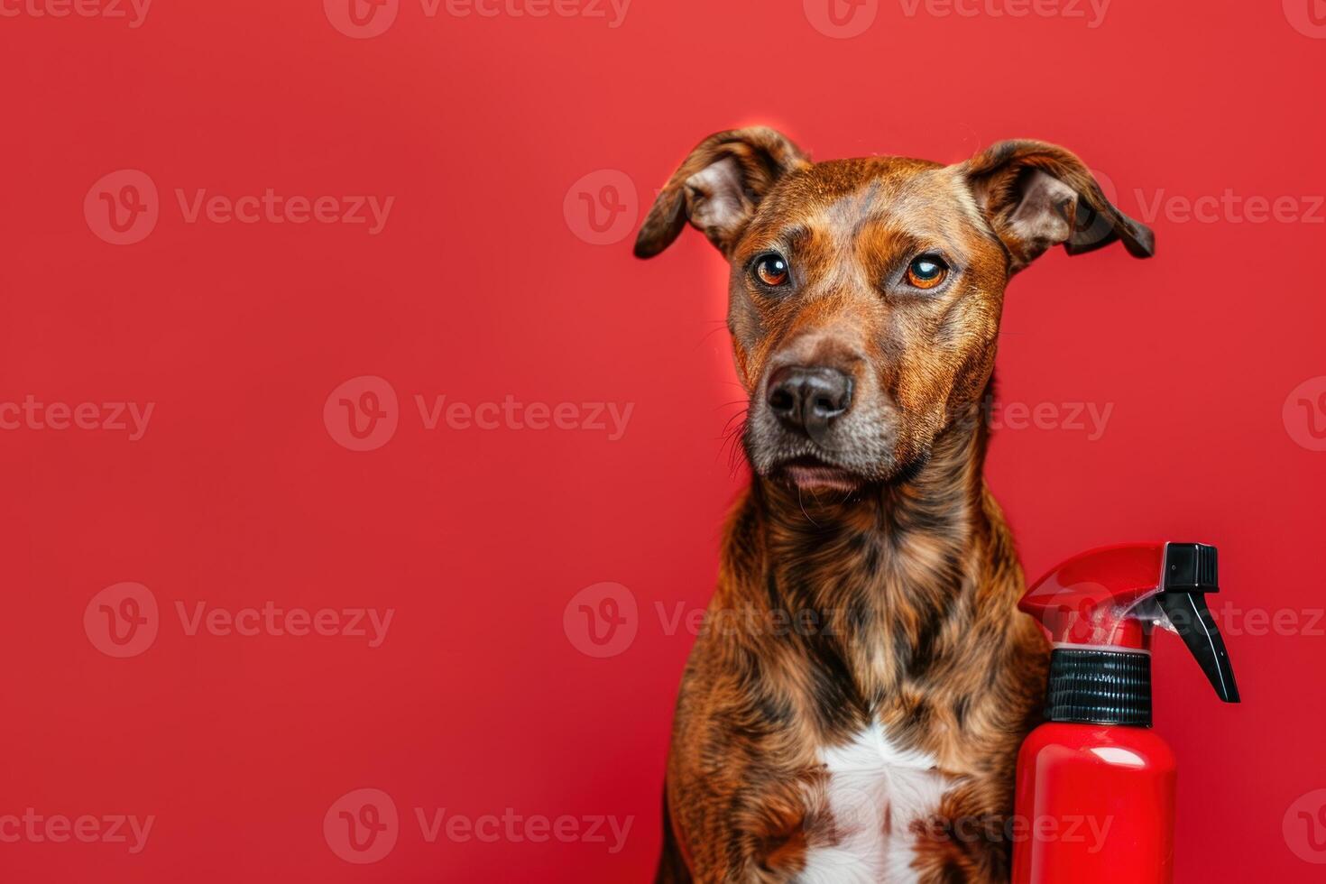 Beautiful dog posing with a red spray bottle on red background photo