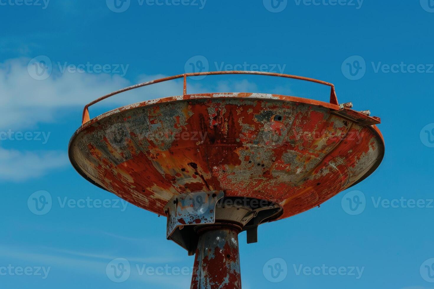 Rusty weathered old radar antenna pointing at blue sky photo