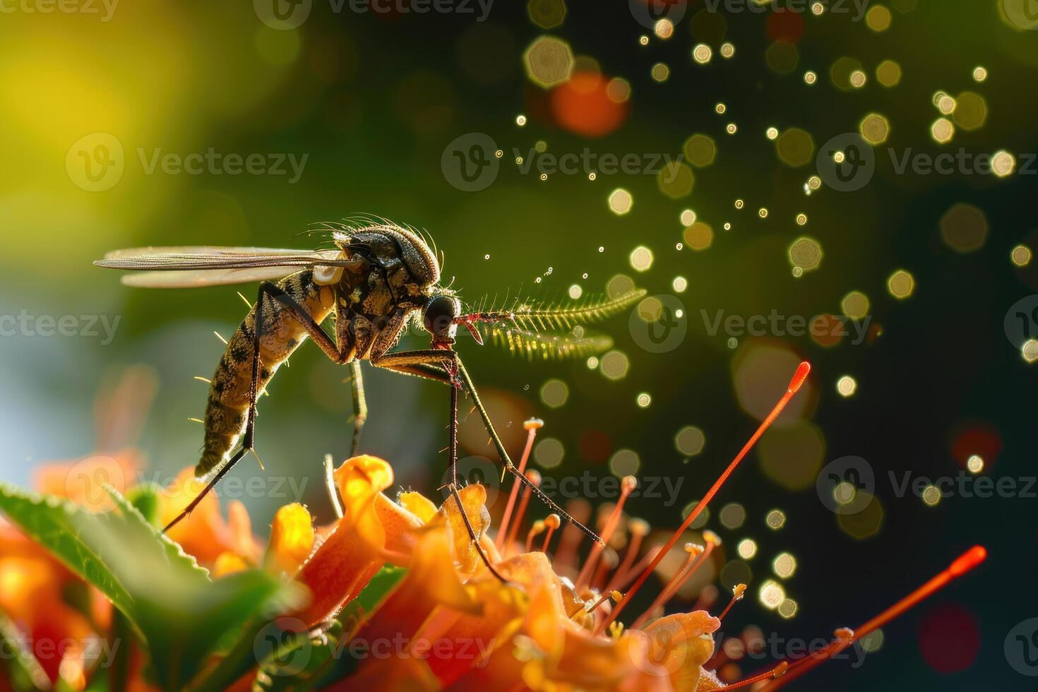 Mosquito standing on orange flower drinking nectar with bokeh lights photo