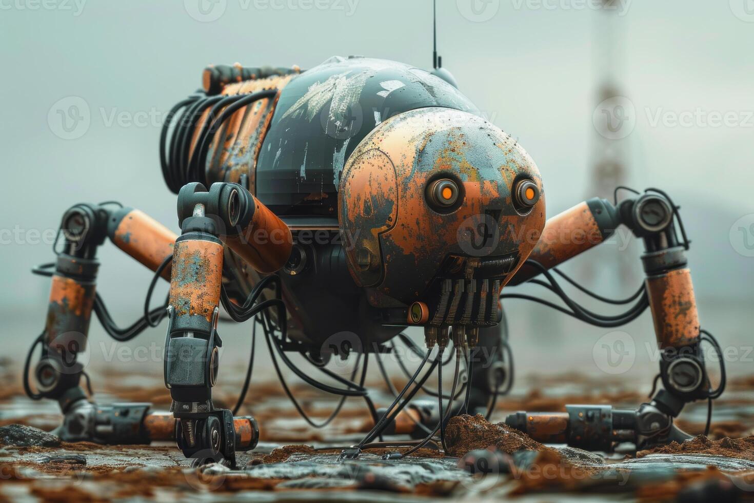 Rusty futuristic robot exploring a desolate landscape photo