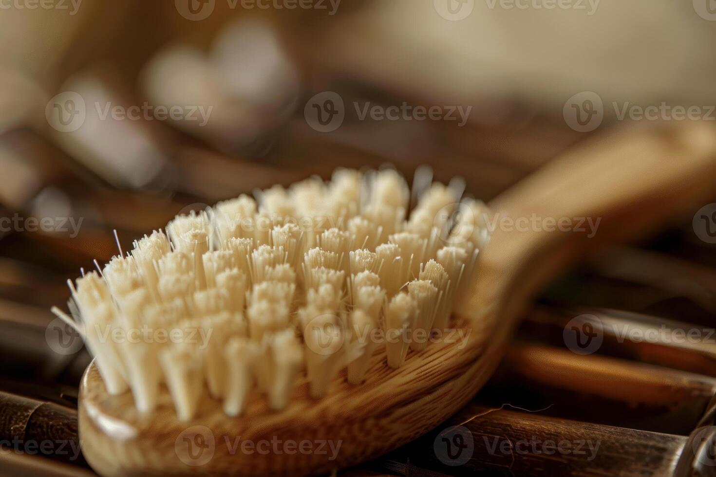 Natural wooden brush for dry massage lying on bamboo mat photo