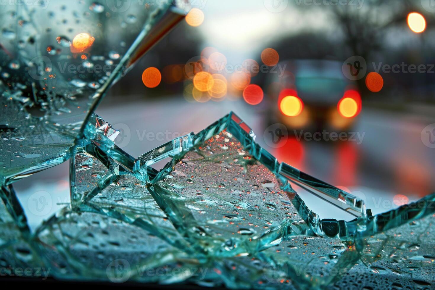 Broken shards of glass are reflecting the city lights at night photo