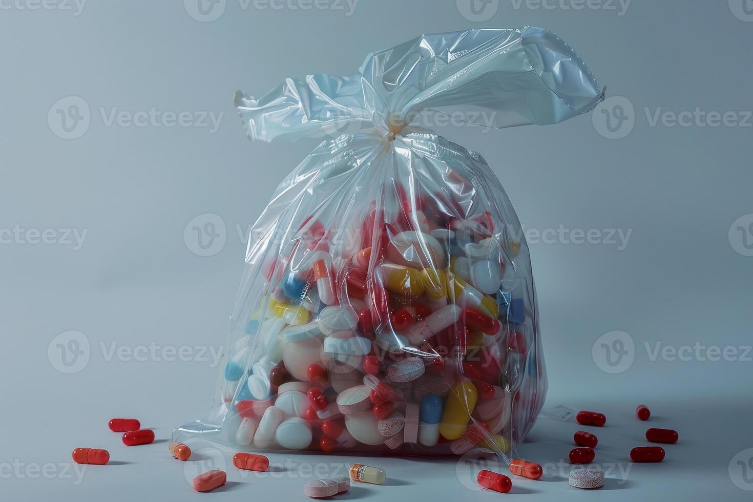 Plastic bag overflowing with assorted pills representing prescription drug abuse photo