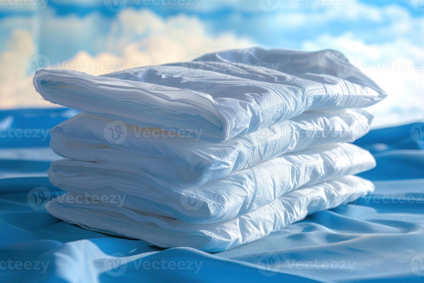 Stack of breathable baby diapers lying on a blue surface photo