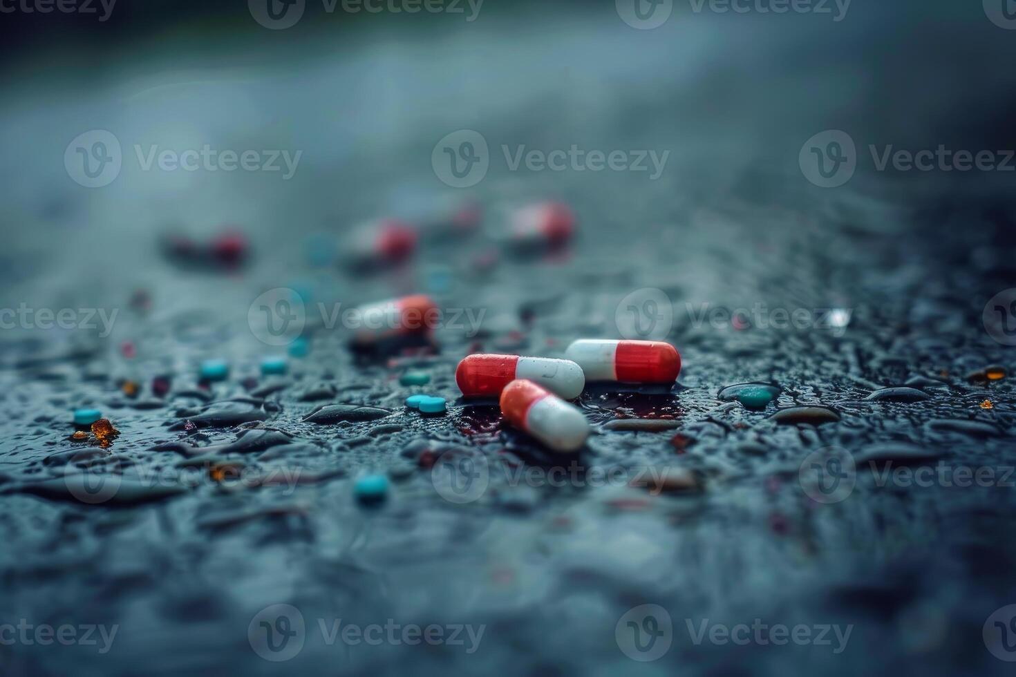 Red and white pills lying on wet asphalt photo