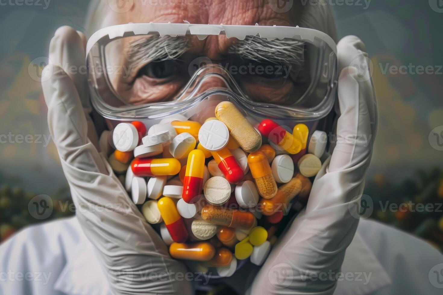 Senior doctor wearing protective goggles holding container full of colorful pills and medicine photo
