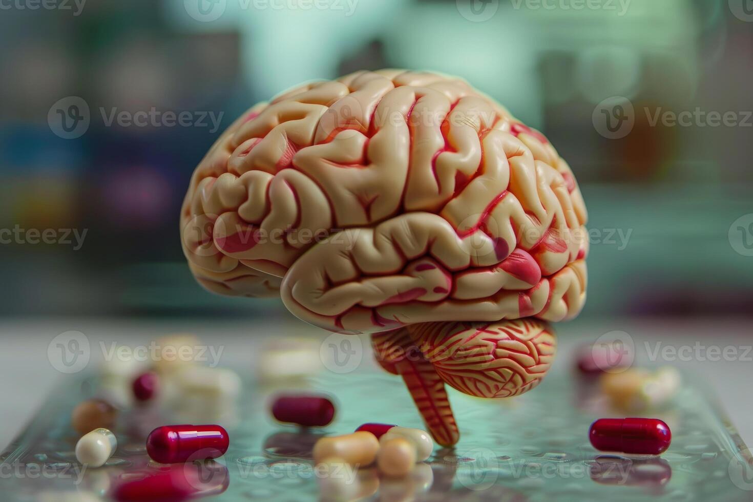 Anatomical brain model surrounded by colorful medication pills on glass table photo