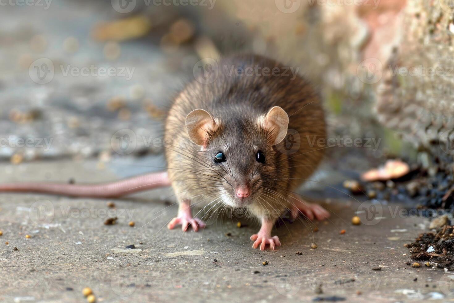 Wild brown rat standing on concrete in front of stone wall photo