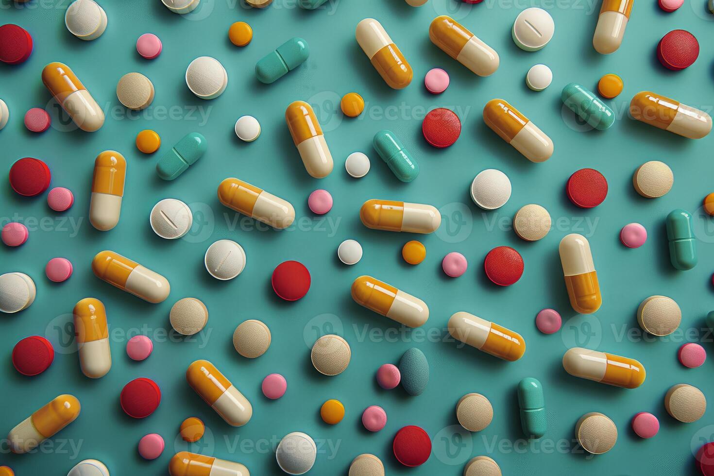 Colorful pills and capsules forming a healthcare and medicine background photo