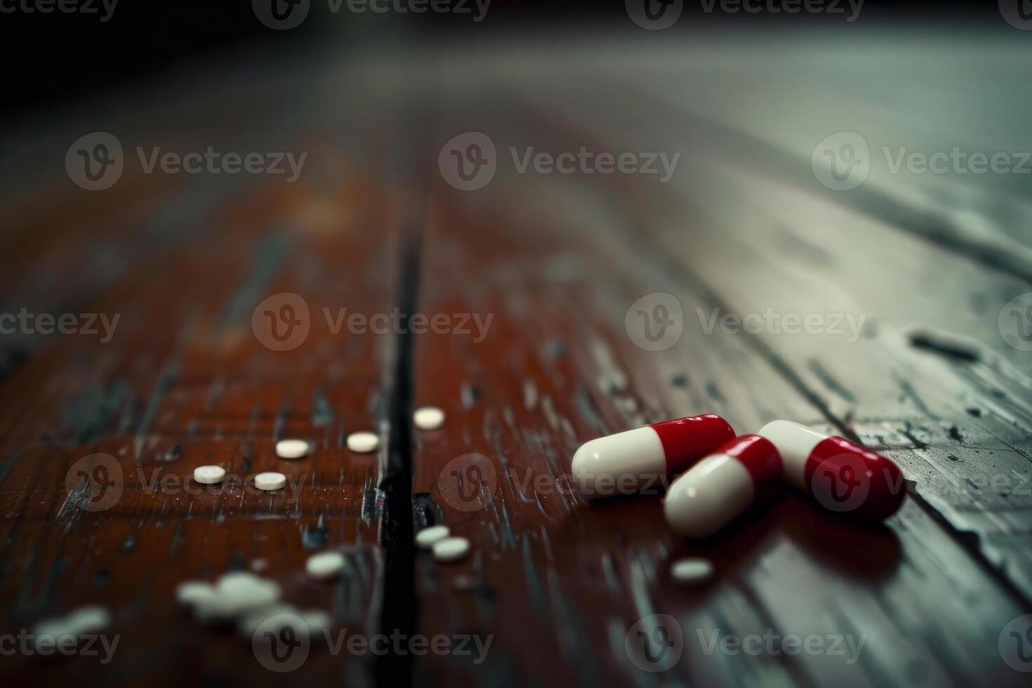 Red and white pills spilling on worn wooden table photo