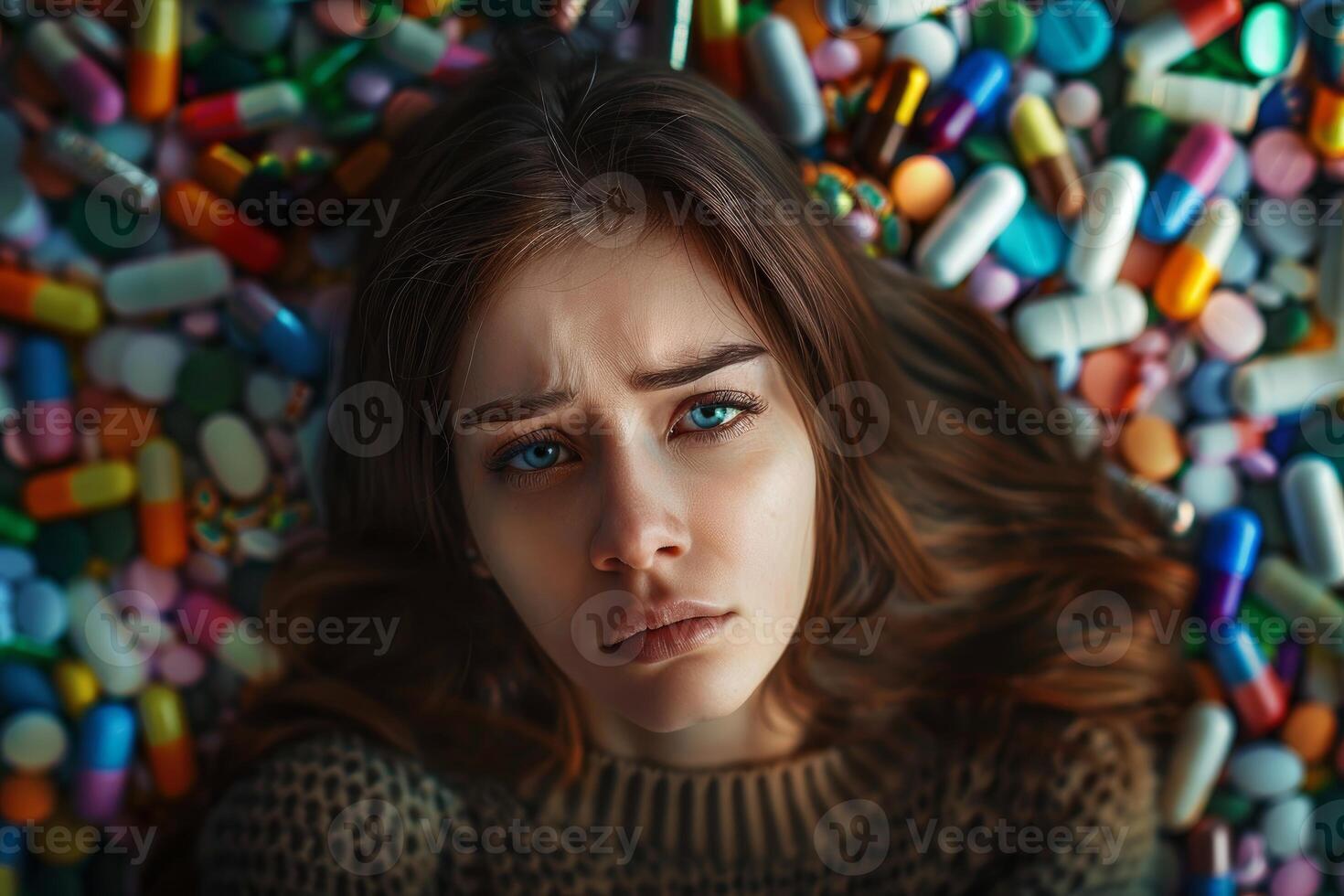 Young woman lying down feeling sad surrounded by colorful pills photo