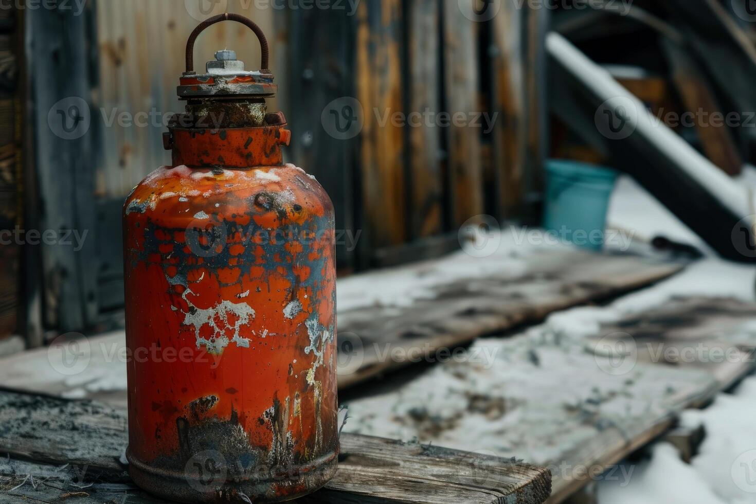 Rusty red container standing on wooden boards in winter photo