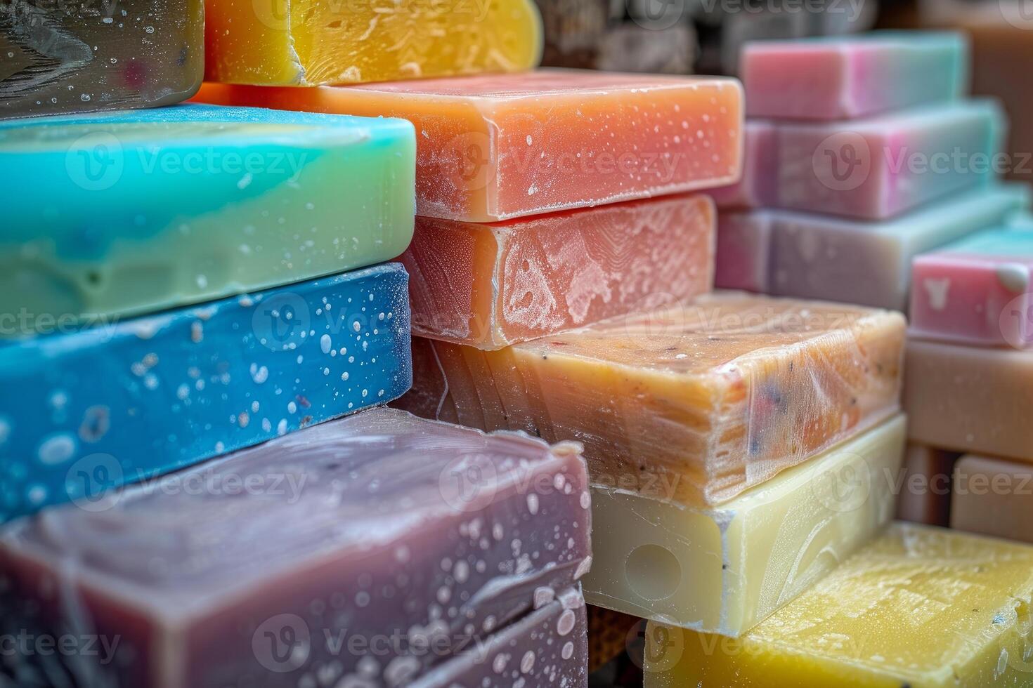 Colorful handmade soap bars stacked on display at market stall photo