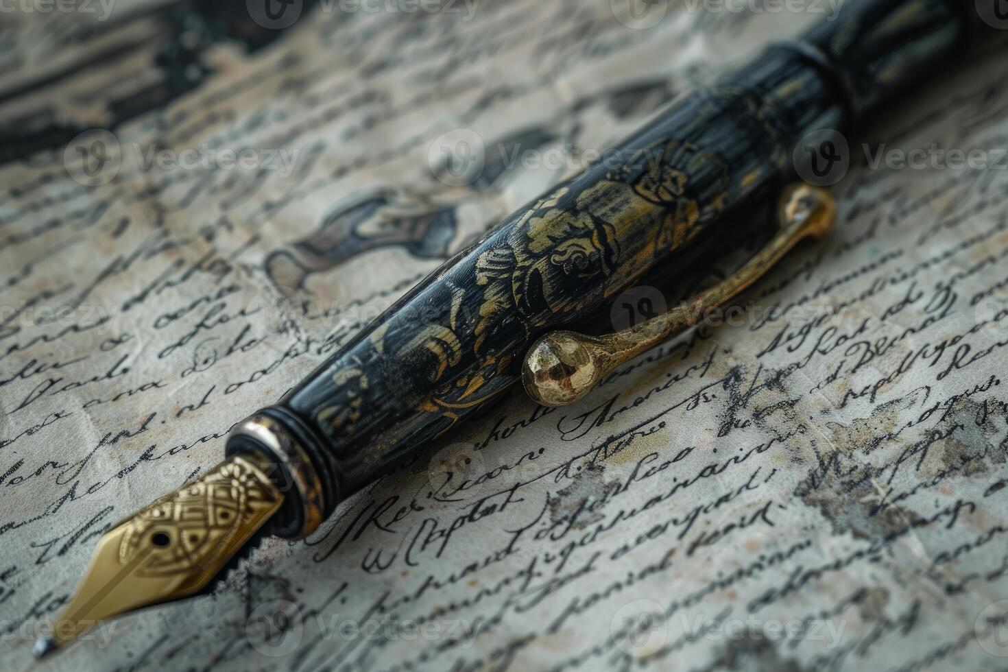 Elegant fountain pen lying on aged paper featuring cursive handwriting photo