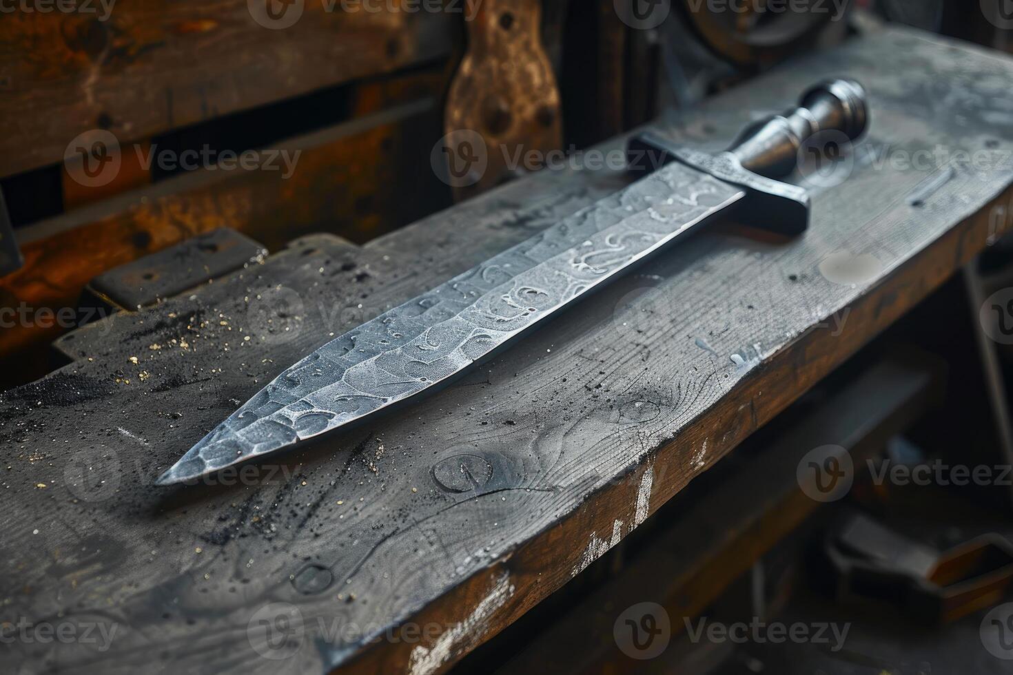Hand forged damascus steel sword resting on workbench photo