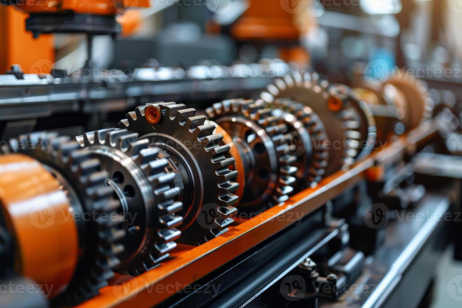 Industrial robot arm working with gears in a modern factory photo