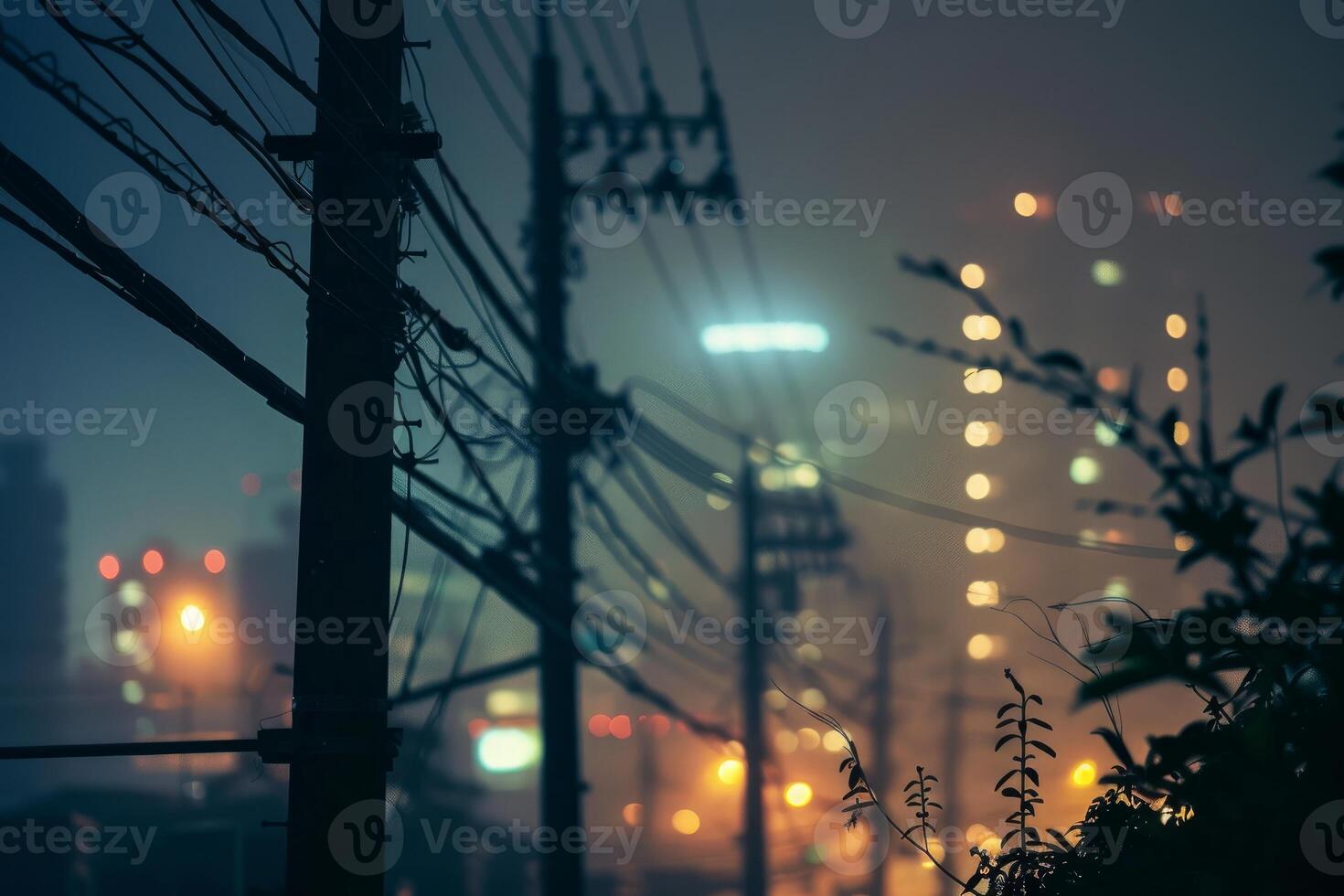 Power lines creating leading lines towards cityscape at night photo