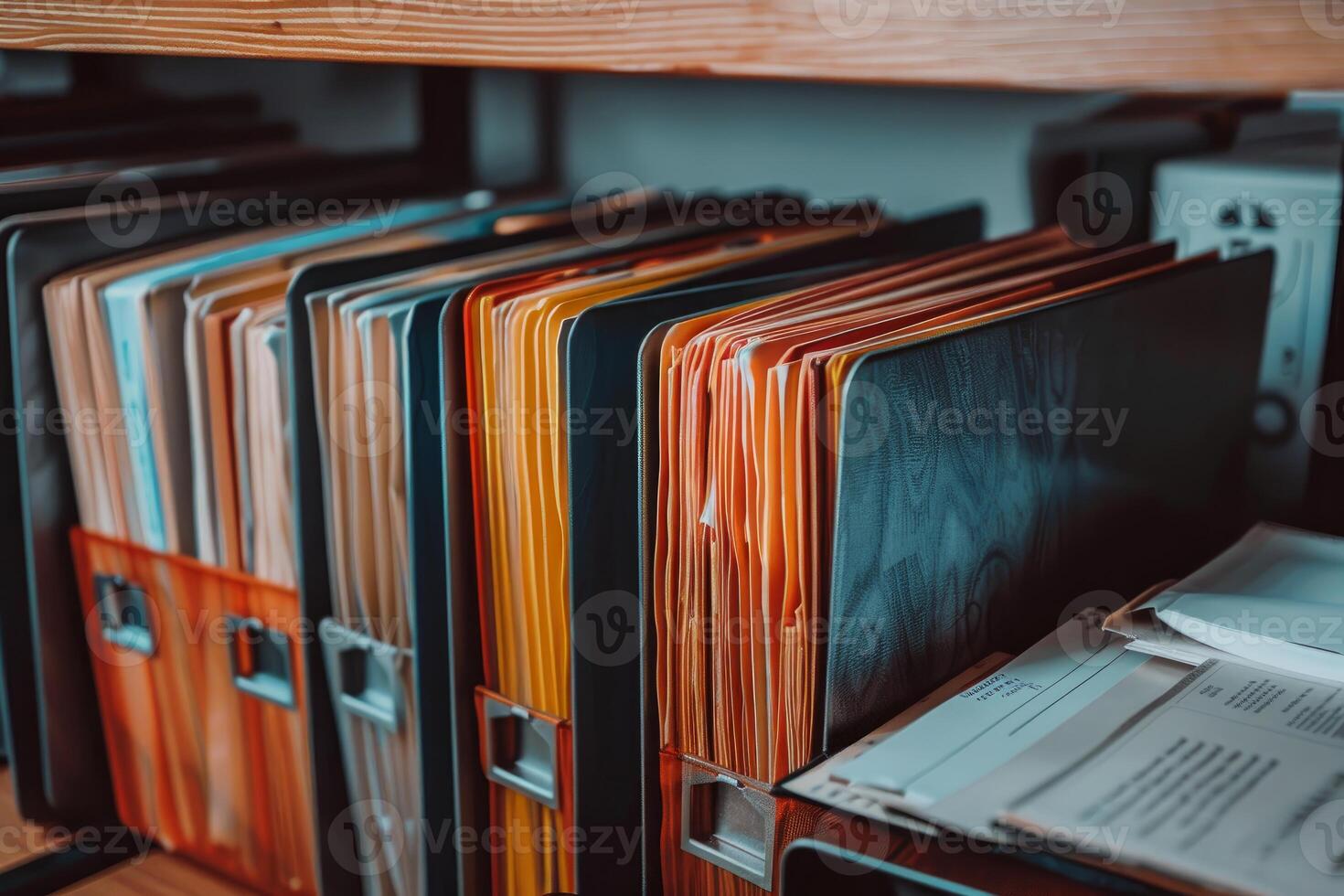 Archive of files organized on a shelf representing bureaucracy and administration photo