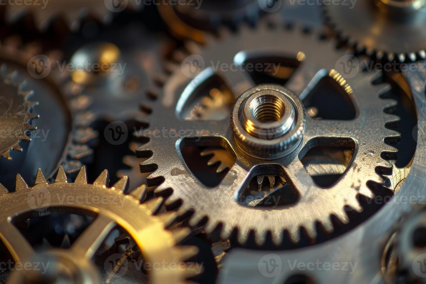 Close up view of intricate clockwork gears working together photo