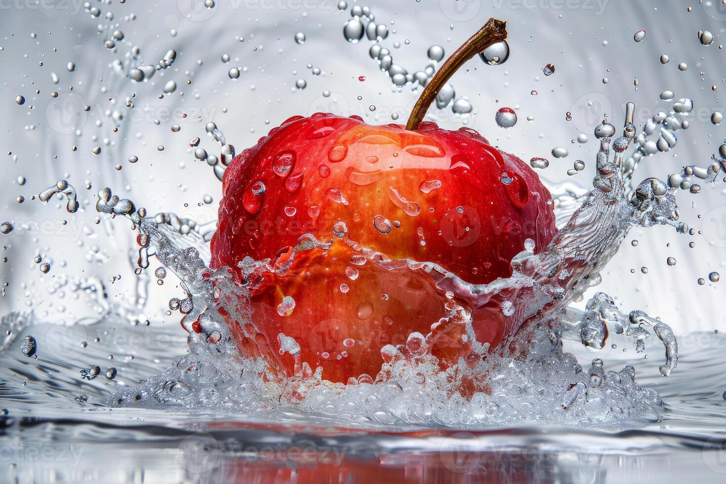 Red apple splashing into water creating water droplets photo