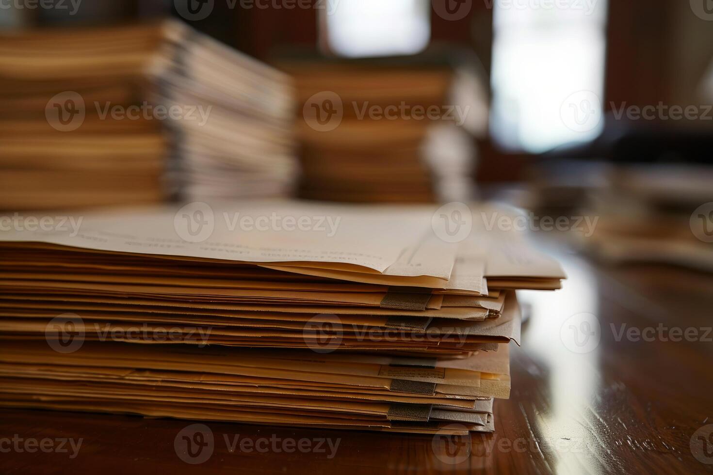 Stack of folders sitting on a desk with more files in the background photo