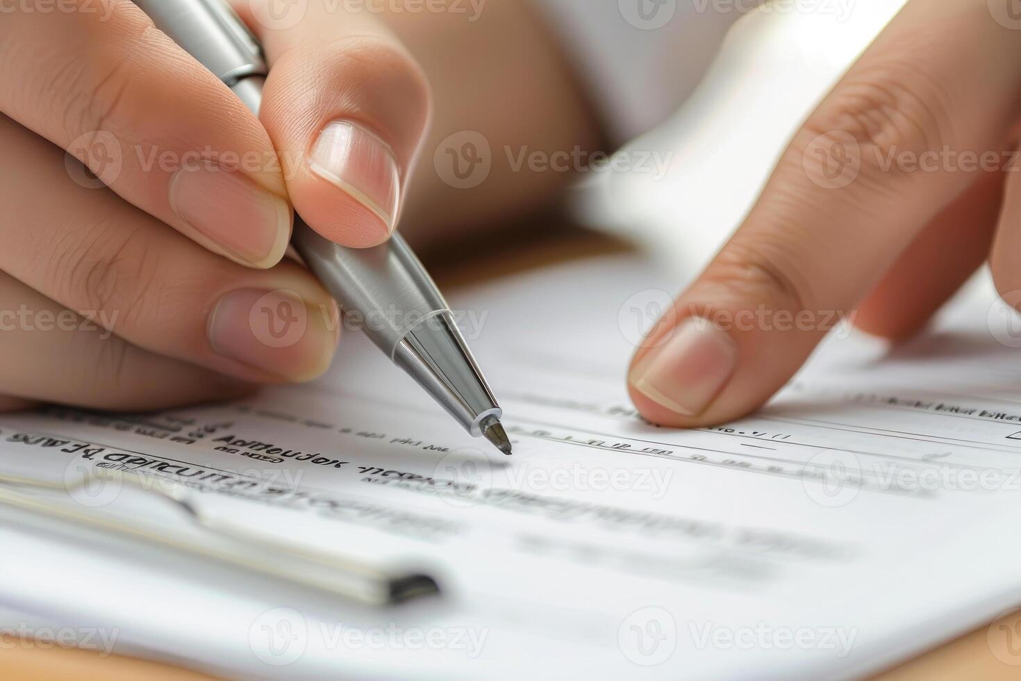 Businesswoman filling out important information on application form photo
