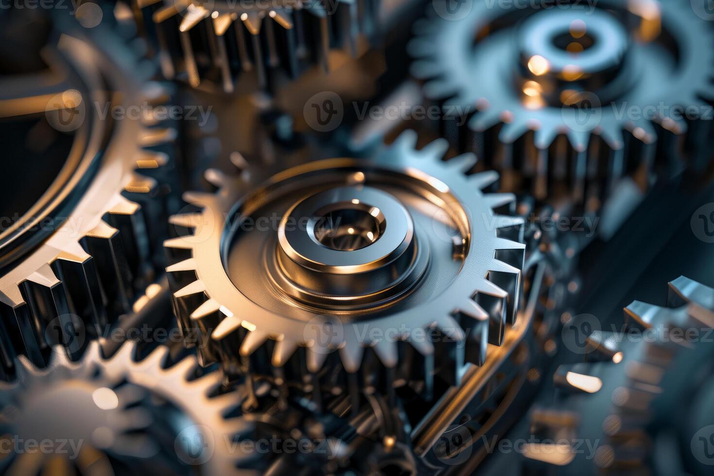 Complex mechanism of metal cogwheels interlocking and rotating photo