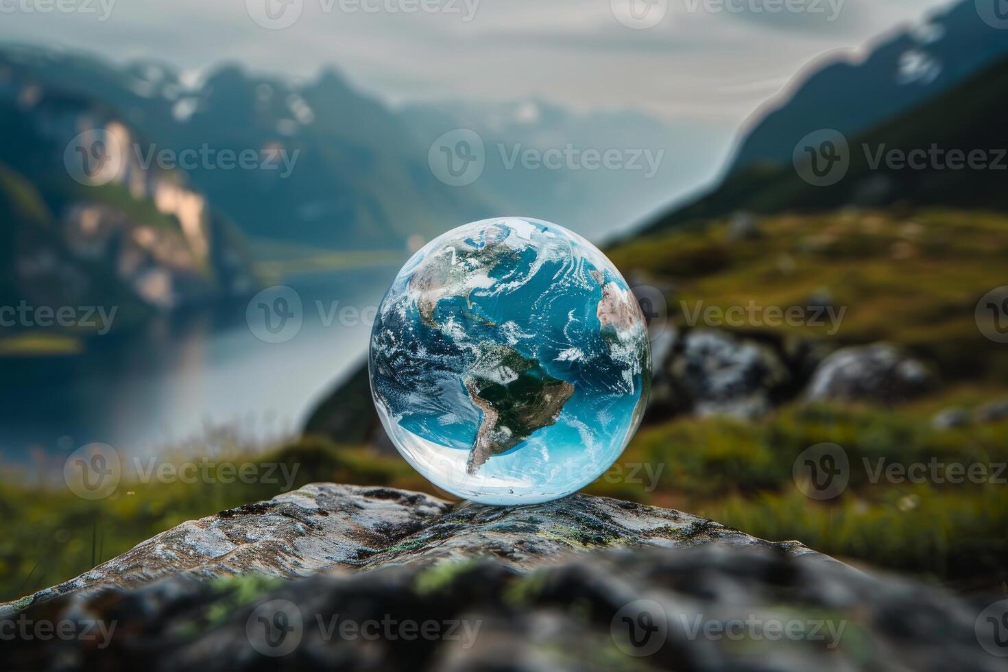 Glass globe representing planet earth balancing on a rock in the mountains photo