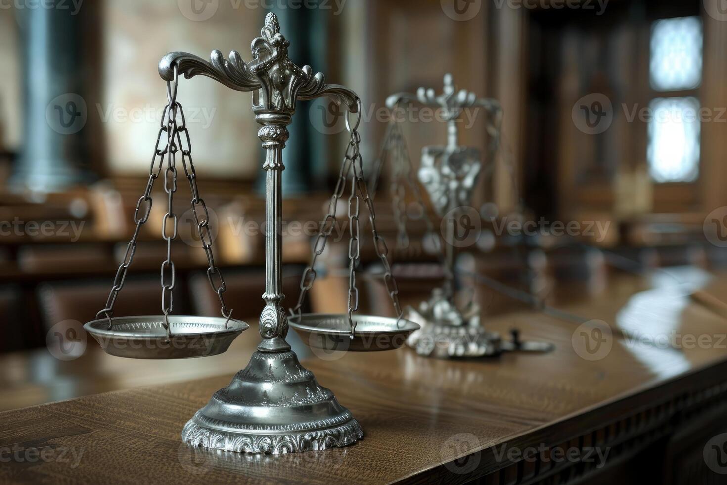 Scales of justice standing on wooden table in empty courtroom photo