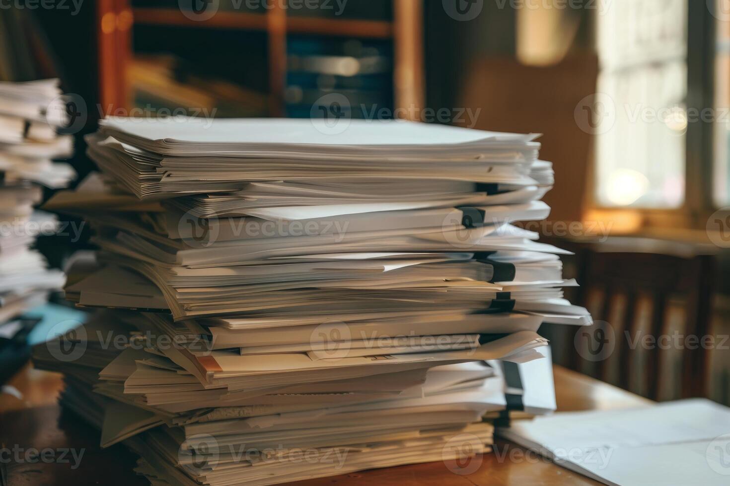 Stack of paperwork piling up on desk representing overworked business concept photo