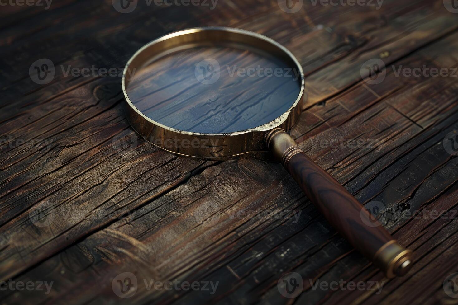 Antique magnifying glass resting on weathered wooden surface photo