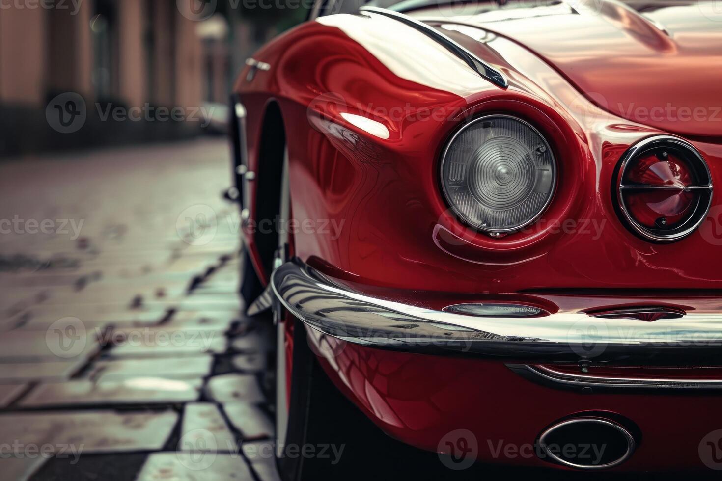 Red vintage car parked on a street with its headlights on photo