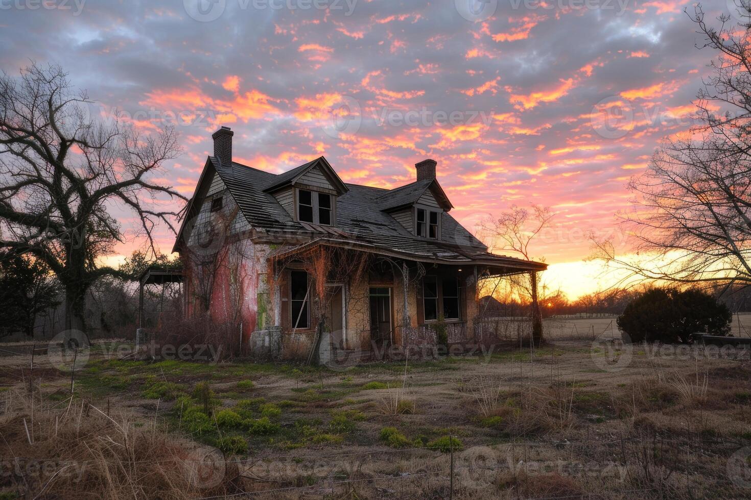 Abandoned house decaying in field at sunset photo