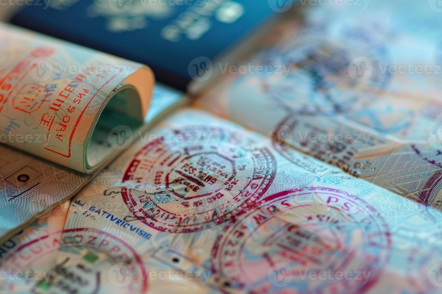 Open passport showing entry and exit visa stamps from around the world photo