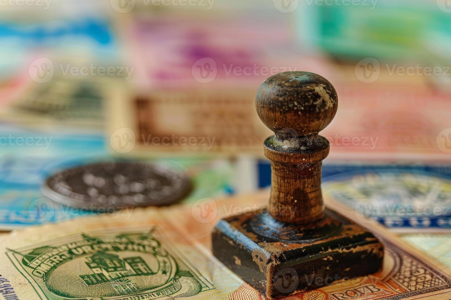 Old wooden stamp standing on scattered collection of vintage postage stamps photo