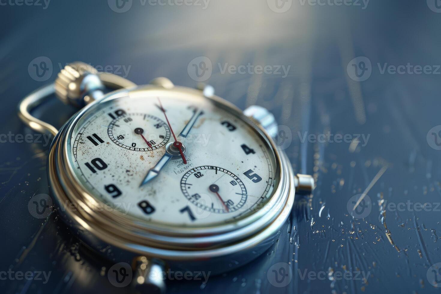 Vintage rusted chrome stopwatch is measuring time on blue background photo