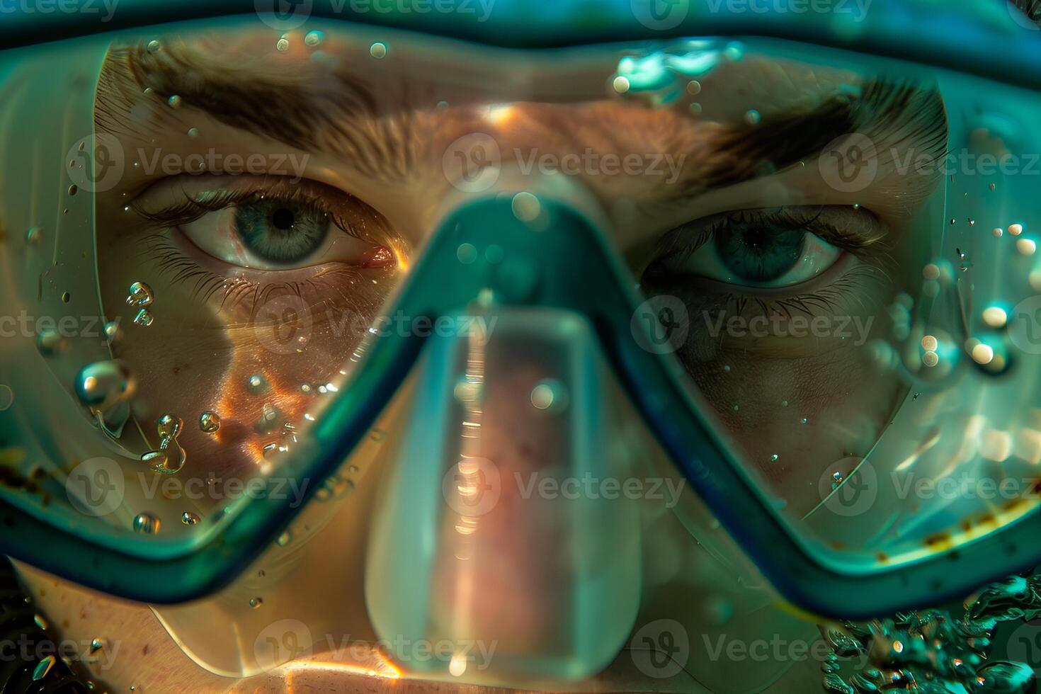 Young man wearing diving mask submerged in water photo