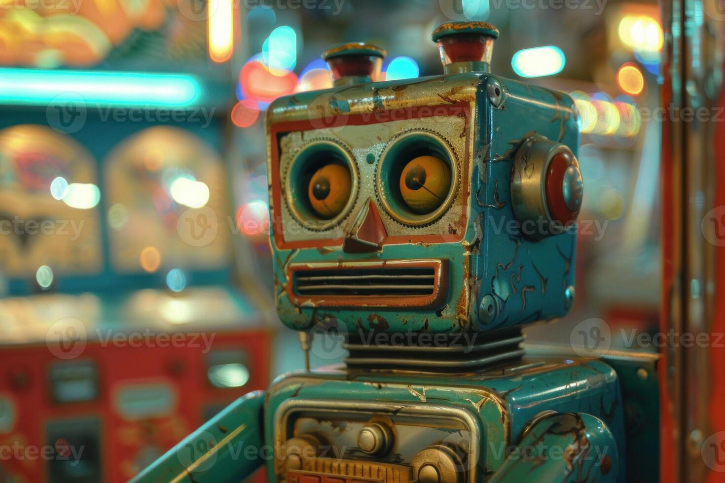 Old retro robot toy standing in front of arcade games photo