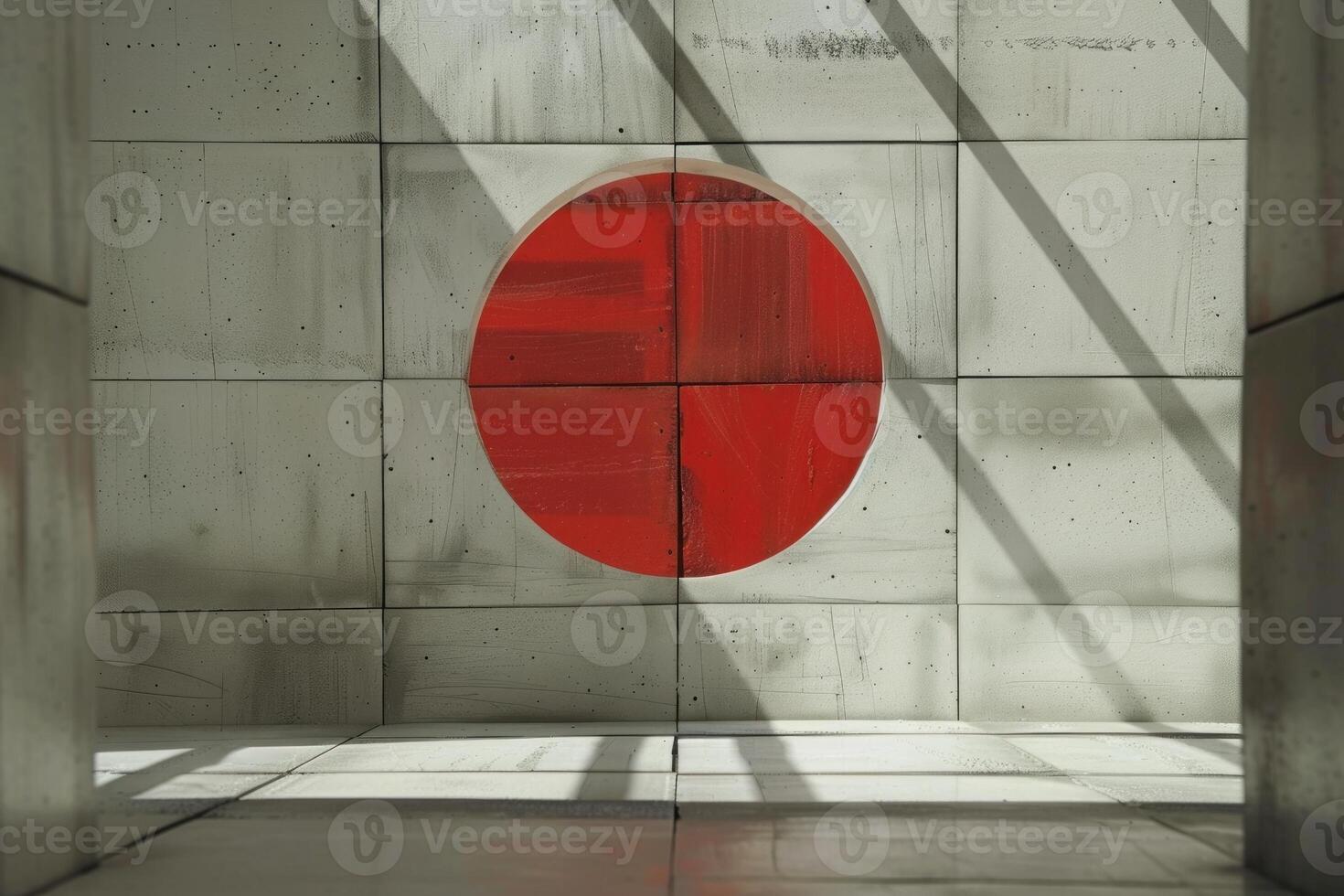 Red circle window illuminating empty concrete room photo