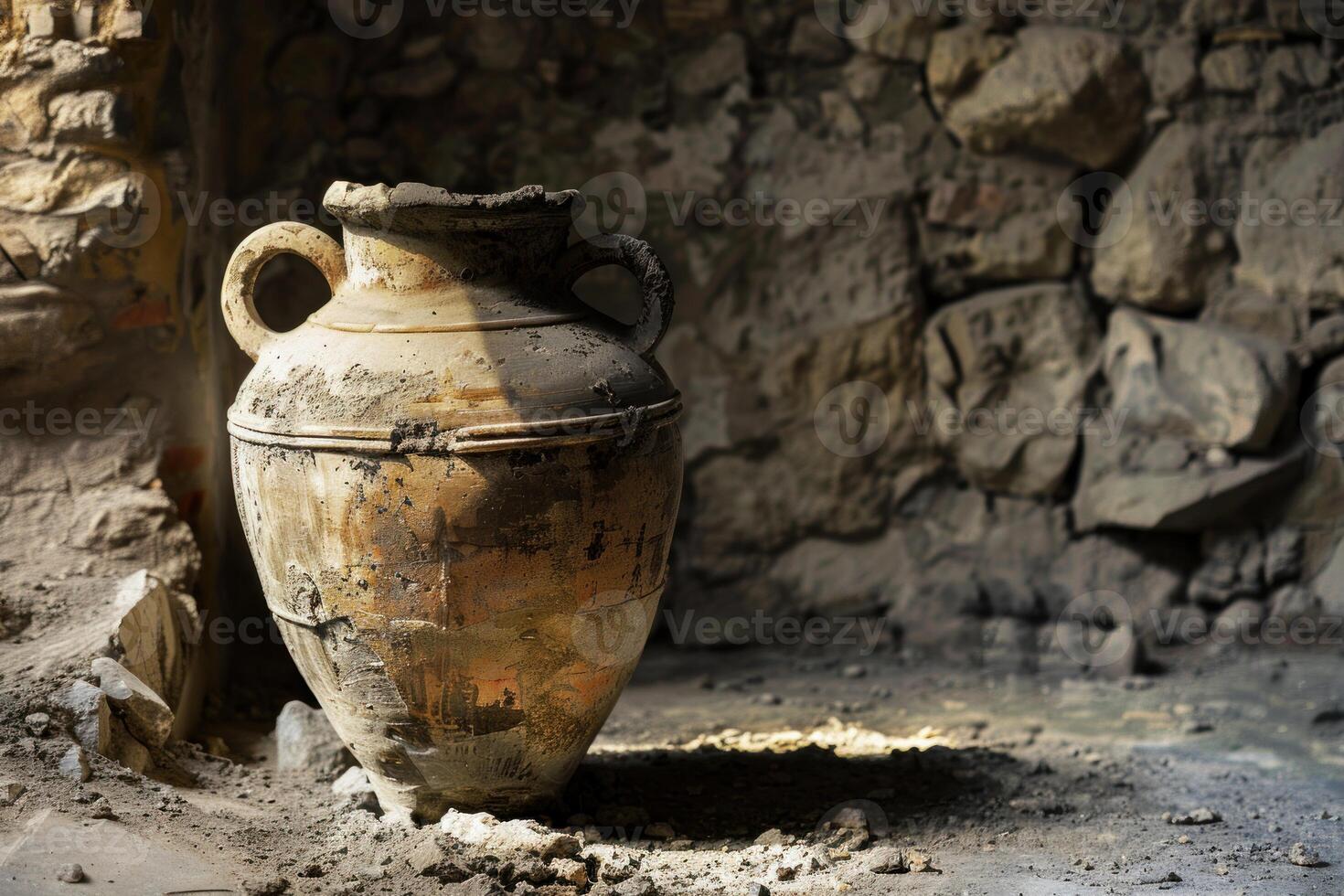 Old damaged clay amphora standing on the ground in ancient ruins photo