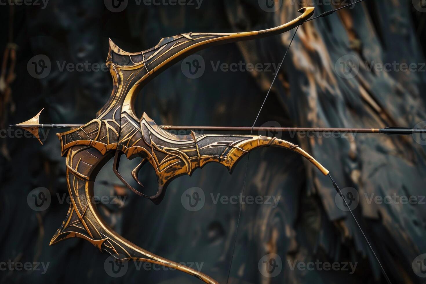 Fantasy bow and arrow on dark background for archery and rpg games photo