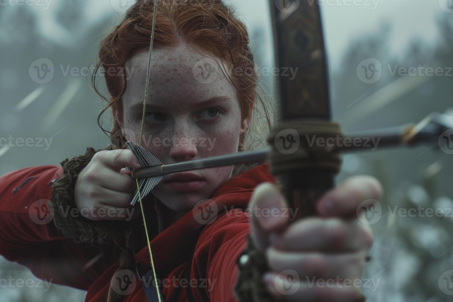 Young female hunter with bow and arrow aiming in a forest photo