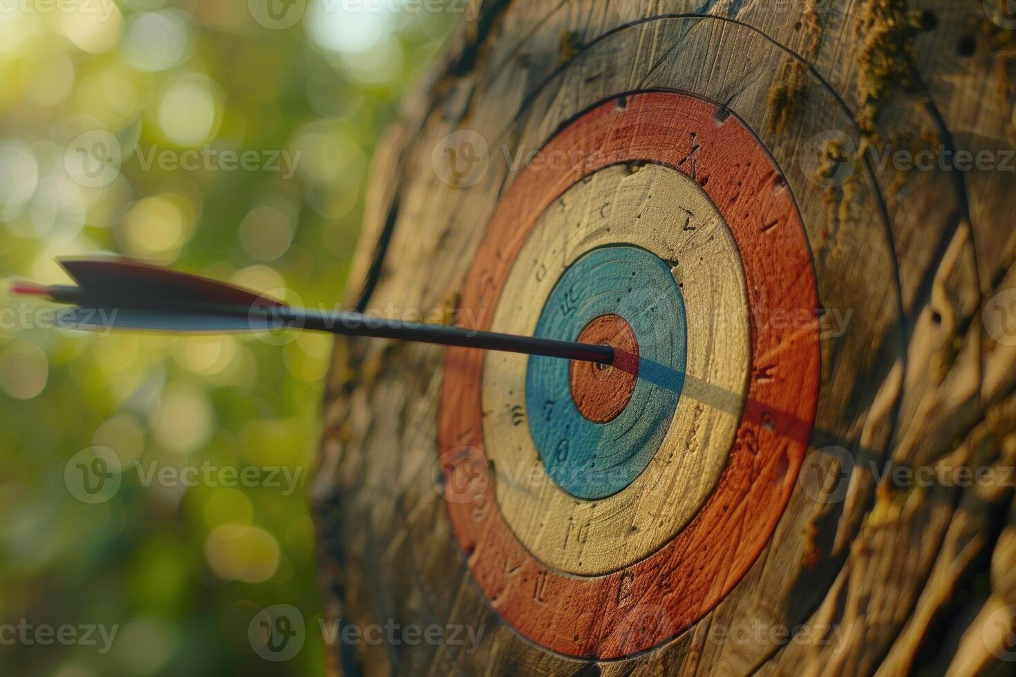 Arrow hitting the center of an archery target on blurred background photo