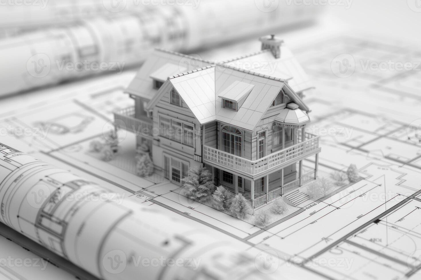 Miniature model house is sitting on top of blueprints in black and white photo