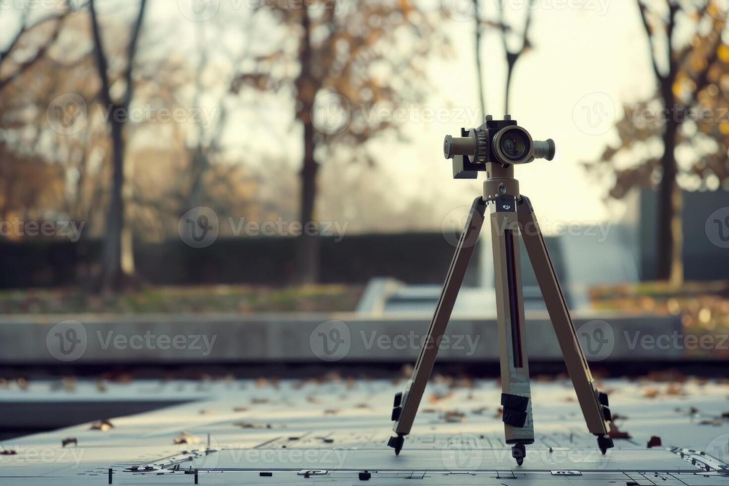 Theodolite on tripod standing on construction site in urban park setting photo