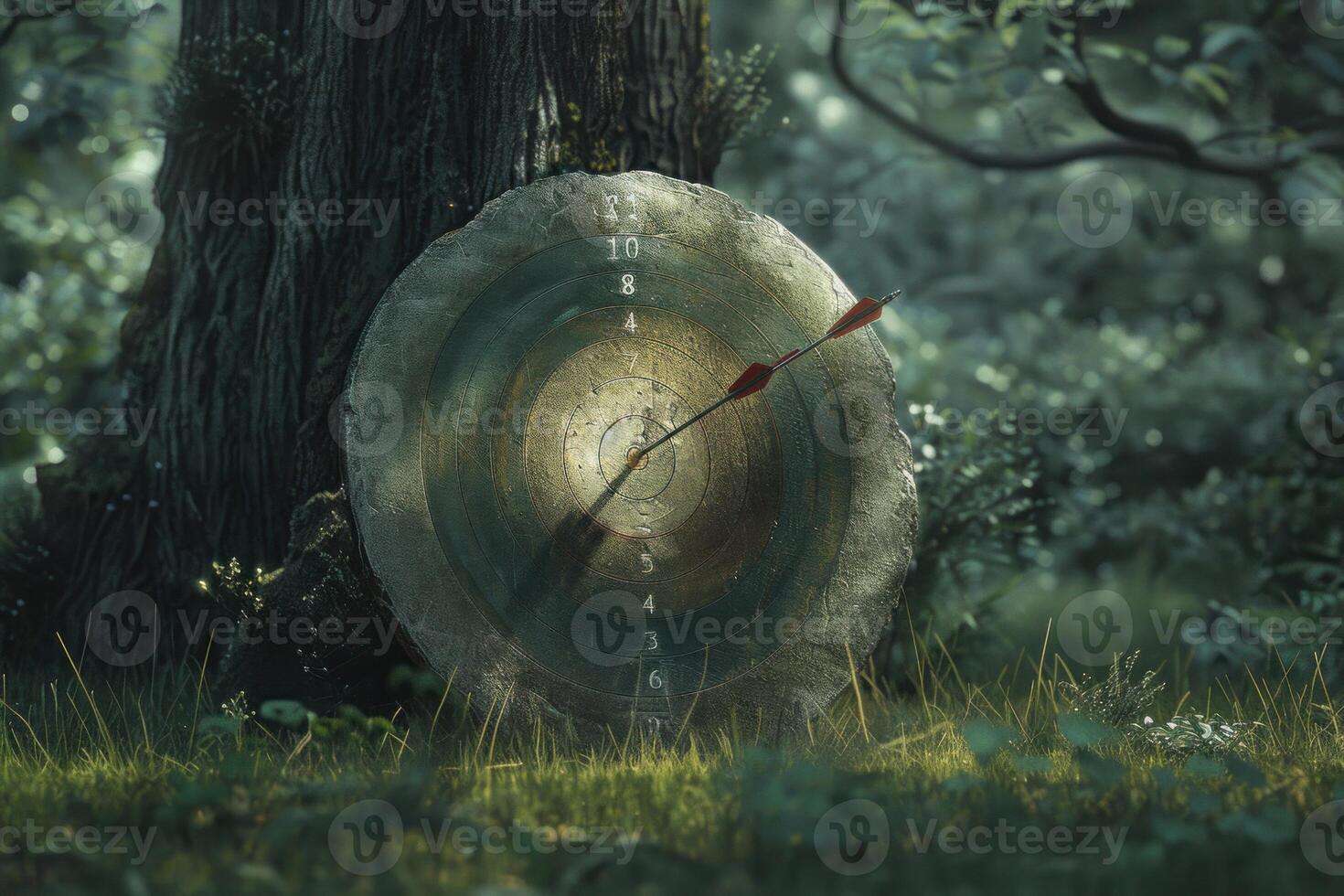 Old archery target with arrows hitting the center in a forest photo