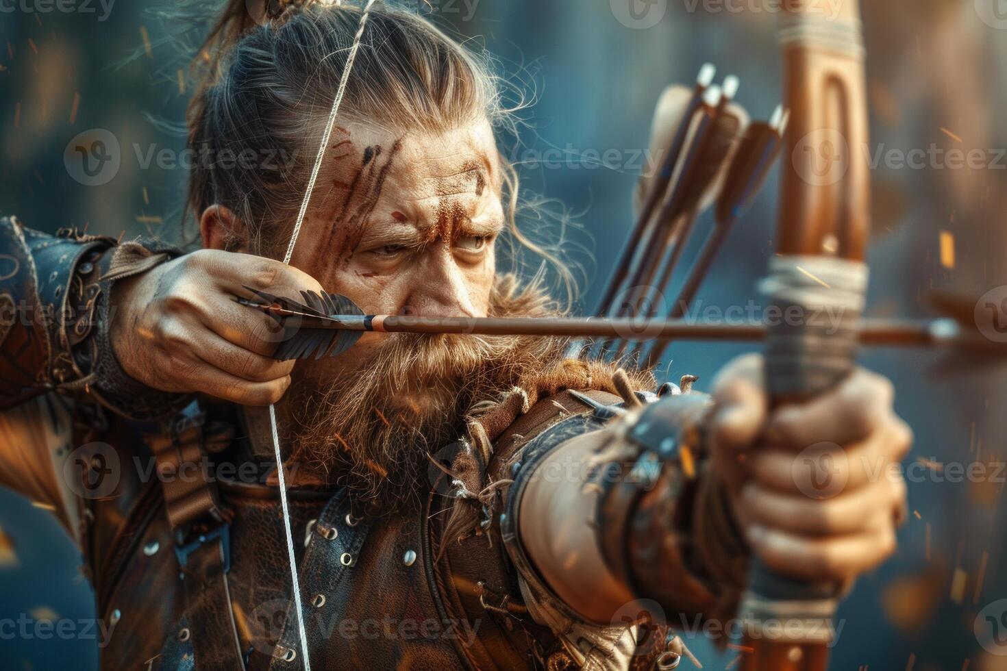 Medieval warrior archer taking aim with bow and arrow photo