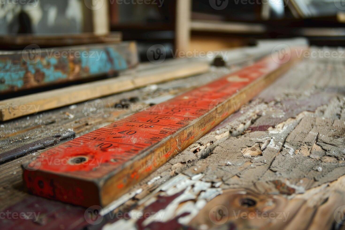 Red wooden ruler lying on weathered wood surface in workshop photo