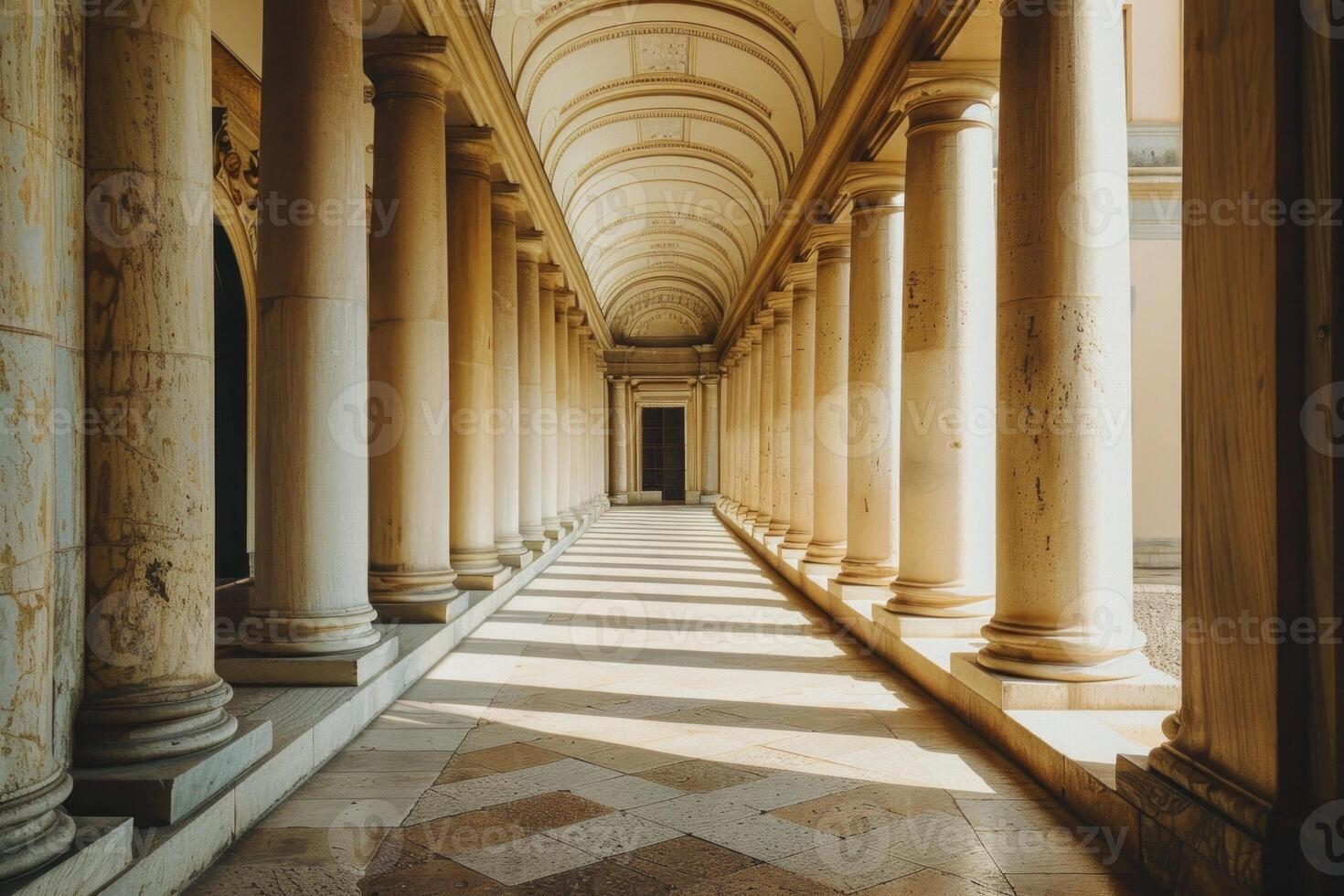 Sunlight illuminating a hallway with stone columns photo